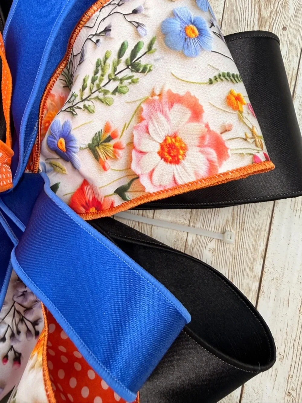Blue, Orange & Black Floral Gift Bow - Decorative Party Ribbon